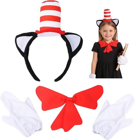 مجموعة أزياء eygeufg ذات القبعة العلوية المخططة - عصابة رأس وربطة عنق كبيرة وقفازات للمراهقين (14+) والكبار تحت عنوان الأحداث والعروض المسرحية (3 قطع باللونين الأحمر والأبيض) in Kuwait