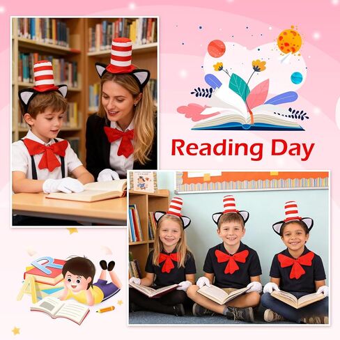 مجموعة أزياء eygeufg ذات القبعة العلوية المخططة - عصابة رأس وربطة عنق كبيرة وقفازات للمراهقين (14+) والكبار تحت عنوان الأحداث والعروض المسرحية (3 قطع باللونين الأحمر والأبيض) in Kuwait