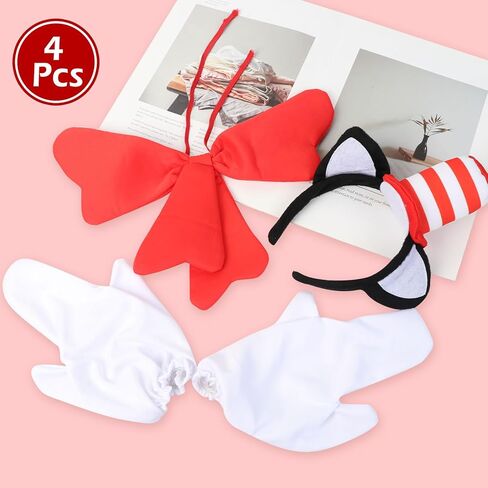 مجموعة أزياء eygeufg ذات القبعة العلوية المخططة - عصابة رأس وربطة عنق كبيرة وقفازات للمراهقين (14+) والكبار تحت عنوان الأحداث والعروض المسرحية (3 قطع باللونين الأحمر والأبيض) in Kuwait