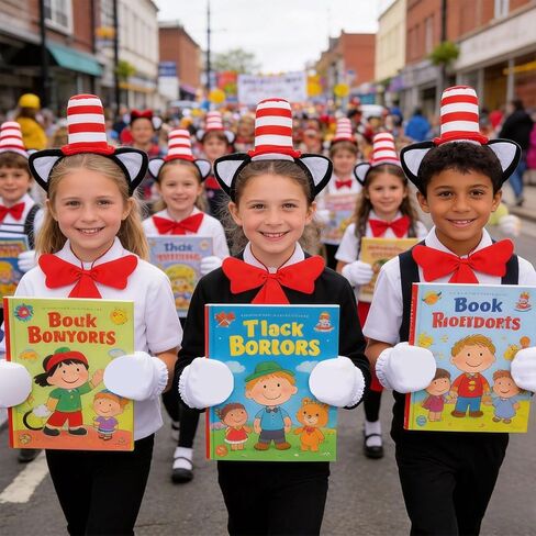 مجموعة أزياء eygeufg ذات القبعة العلوية المخططة - عصابة رأس وربطة عنق كبيرة وقفازات للمراهقين (14+) والكبار تحت عنوان الأحداث والعروض المسرحية (3 قطع باللونين الأحمر والأبيض) in Kuwait