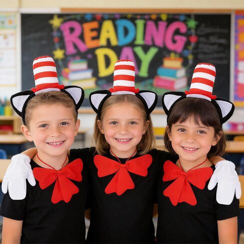 مجموعة أزياء eygeufg ذات القبعة العلوية المخططة - عصابة رأس وربطة عنق كبيرة وقفازات للمراهقين (14+) والكبار تحت عنوان الأحداث والعروض المسرحية (3 قطع باللونين الأحمر والأبيض) in Kuwait