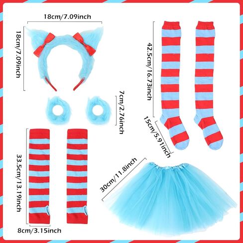 مجموعة أزياء eygeufg Storybook - تنورة توتو زرقاء، وعصابة رأس، وتدفئة الذراع والساق مخططة باللونين الأحمر والأزرق وأساور معصم للمراهقين والبالغين، ليوم القراءة المدرسية والمناسبات ذات الطابع الخاص (5 قطع) in Kuwait