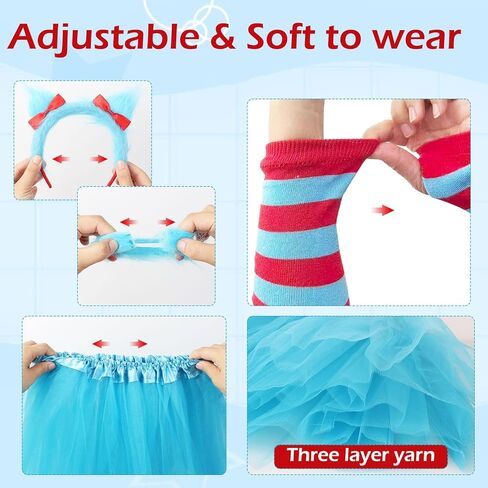 مجموعة أزياء eygeufg Storybook - تنورة توتو زرقاء، وعصابة رأس، وتدفئة الذراع والساق مخططة باللونين الأحمر والأزرق وأساور معصم للمراهقين والبالغين، ليوم القراءة المدرسية والمناسبات ذات الطابع الخاص (5 قطع) in Kuwait