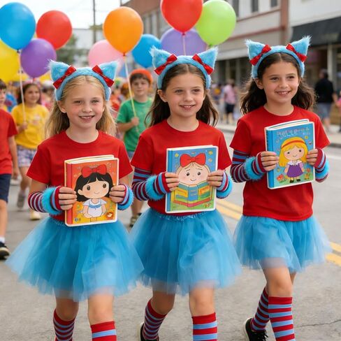 مجموعة أزياء eygeufg Storybook - تنورة توتو زرقاء، وعصابة رأس، وتدفئة الذراع والساق مخططة باللونين الأحمر والأزرق وأساور معصم للمراهقين والبالغين، ليوم القراءة المدرسية والمناسبات ذات الطابع الخاص (5 قطع) in Kuwait