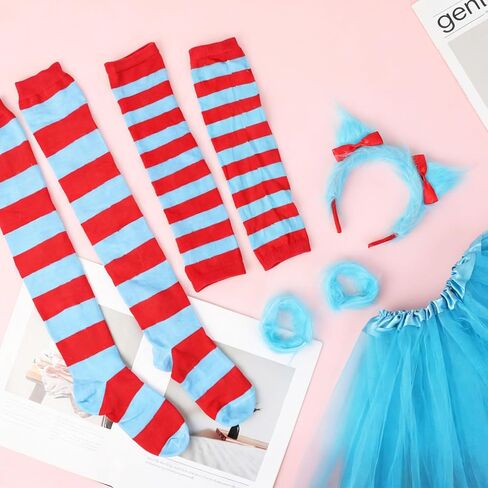 مجموعة أزياء eygeufg Storybook - تنورة توتو زرقاء، وعصابة رأس، وتدفئة الذراع والساق مخططة باللونين الأحمر والأزرق وأساور معصم للمراهقين والبالغين، ليوم القراءة المدرسية والمناسبات ذات الطابع الخاص (5 قطع) in Kuwait