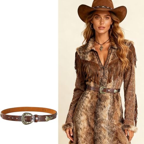Western Cowgirl Belts for Women – Brown Leather Belt for Jeans with Vintage Country Cowboy Buckle in Kuwait
