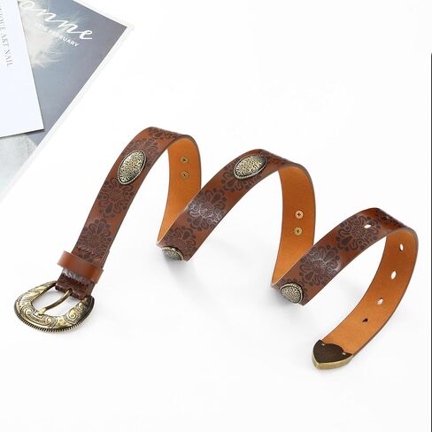 Western Cowgirl Belts for Women – Brown Leather Belt for Jeans with Vintage Country Cowboy Buckle in Kuwait