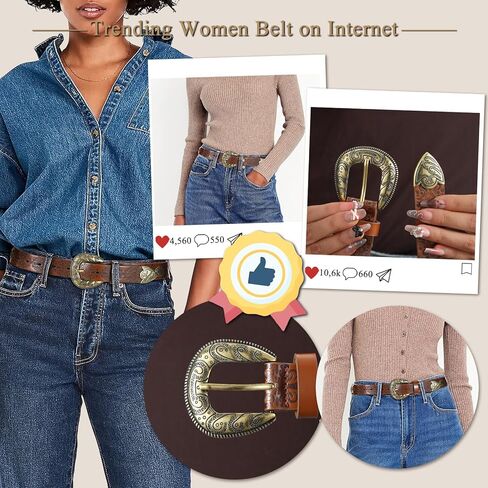 Western Cowgirl Belts for Women – Brown Leather Belt for Jeans with Vintage Country Cowboy Buckle in Kuwait