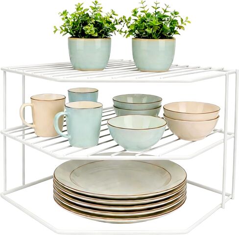 SIBAO 3 Tier Kitchen Corner Shelf Rack and Cabinet Organizer for Plates and Cups, Metal Wire Kitchen Shelf, Steel Metal Frame, Rust Resistan,9x9x7.5inch, White in Saudi Arabia