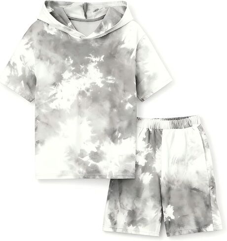 Boys 2 Piece Outfits Tie-Dye Hooded Short Sleeve T-Shirt and Shorts Set Summer Clothes for Kids 6-13 Years in Kuwait
