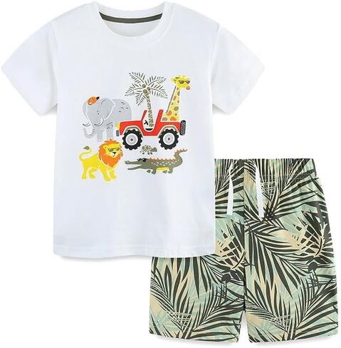2-6T Toddler Boy Short Sets Boys Summer Dinosaur Outfits Cotton Short Sleeve Tops and Elastic Waist Shorts Matching Set in Saudi Arabia