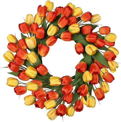 24 Inch Tulip Spring Wreath for Front Door Summer Silk Wreath with Green Leaves Artificial Tulip Flower Wreaths for All Seasons Farmhouse Porch Wall Living Room Home Widding Decor-Red in Saudi Arabia