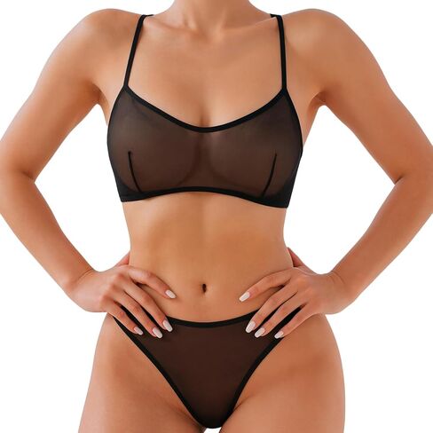 Women’s Sexy Lingerie Set See-Through Lace Mesh 2 Piece with Crisscross Straps Bra and Matching Thong in Saudi Arabia
