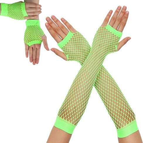 Xindojuz 2 Pairs Fishnet Gloves, Neon Green Stretchy Mesh Arm Sleeves Fingerless Gloves for Women 80s 90s Glow Party Halloween Theme Costume Cosplay Accessories (Fluorescent Green) in Saudi Arabia