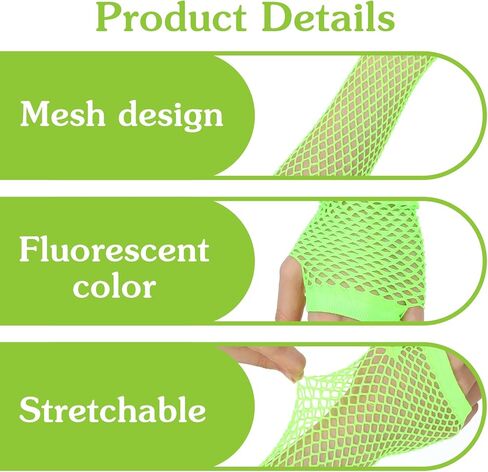 Xindojuz 2 Pairs Fishnet Gloves, Neon Green Stretchy Mesh Arm Sleeves Fingerless Gloves for Women 80s 90s Glow Party Halloween Theme Costume Cosplay Accessories (Fluorescent Green) in Saudi Arabia
