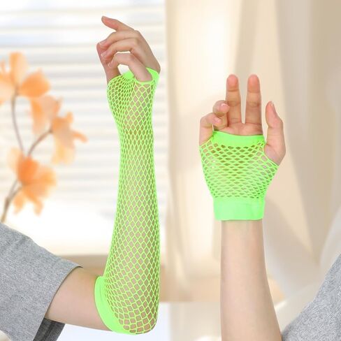 Xindojuz 2 Pairs Fishnet Gloves, Neon Green Stretchy Mesh Arm Sleeves Fingerless Gloves for Women 80s 90s Glow Party Halloween Theme Costume Cosplay Accessories (Fluorescent Green) in Saudi Arabia