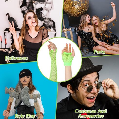 Xindojuz 2 Pairs Fishnet Gloves, Neon Green Stretchy Mesh Arm Sleeves Fingerless Gloves for Women 80s 90s Glow Party Halloween Theme Costume Cosplay Accessories (Fluorescent Green) in Saudi Arabia
