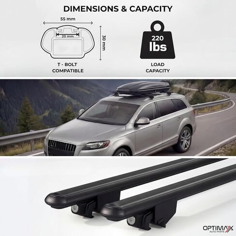 قضبان متقاطعة لحامل السقف من OPTIMAX لعام 2025-2026 Hyundai IONIQ 5 مع قضبان سقف متدفقة فقط، ألومنيوم أسود، متوافق مع فتحة T، تحميل 220 رطل in Kuwait