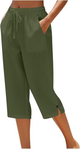 Women's Cropped Casual Pants Elastic Waist Drawstring Straight Leg Capri Pants Lightweight Comfy Lounge Trousers with Pocket in Saudi Arabia