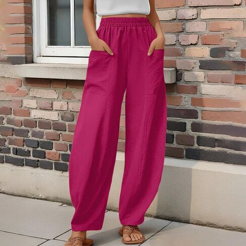 Women's Wide Leg Palazzo Pants Elastic Waisted Casual Pant Lightweight Breathable Summer Beach Pants Trousers with Pockets in Saudi Arabia
