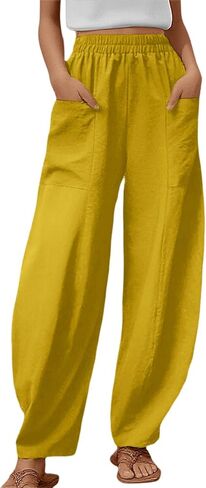 Women's Wide Leg Palazzo Pants Elastic Waisted Casual Pant Lightweight Breathable Summer Beach Pants Trousers with Pockets in Saudi Arabia