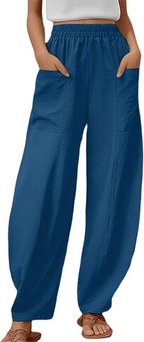 Women's Wide Leg Palazzo Pants Elastic Waisted Casual Pant Lightweight Breathable Summer Beach Pants Trousers with Pockets in Saudi Arabia