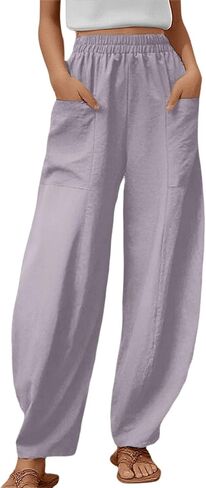 Women's Wide Leg Palazzo Pants Elastic Waisted Casual Pant Lightweight Breathable Summer Beach Pants Trousers with Pockets in Saudi Arabia
