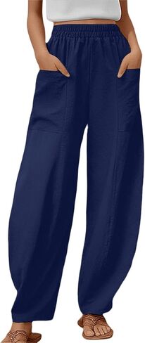 Women's Wide Leg Palazzo Pants Elastic Waisted Casual Pant Lightweight Breathable Summer Beach Pants Trousers with Pockets in Saudi Arabia