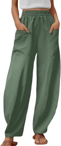 Women's Wide Leg Palazzo Pants Elastic Waisted Casual Pant Lightweight Breathable Summer Beach Pants Trousers with Pockets in Saudi Arabia
