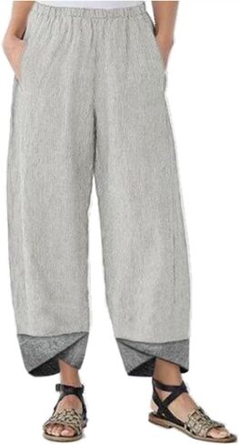 Women's Casual Cropped Pants Wide Leg Pant Summer Boho Beach Capri Pants Elastic Waist Drawstring Harem Trousers with Pocket in Saudi Arabia