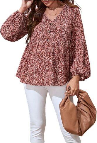 MakeMeChic Women's Maternity Shirts Long Sleeve V Neck Button Floral Blouse Ruffle Hem Tops in Saudi Arabia