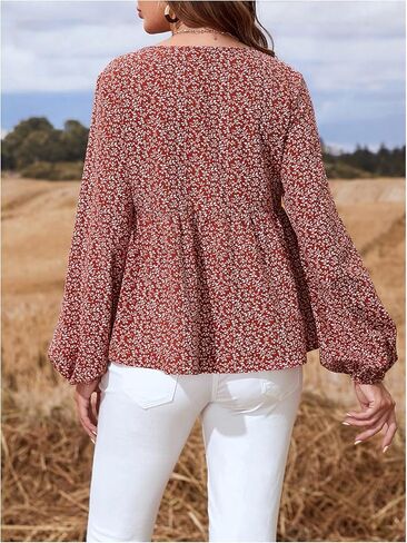 MakeMeChic Women's Maternity Shirts Long Sleeve V Neck Button Floral Blouse Ruffle Hem Tops in Saudi Arabia