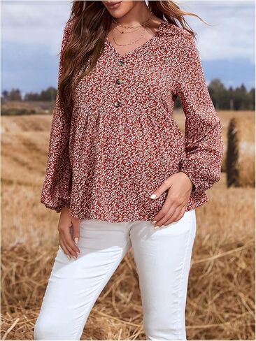 MakeMeChic Women's Maternity Shirts Long Sleeve V Neck Button Floral Blouse Ruffle Hem Tops in Saudi Arabia