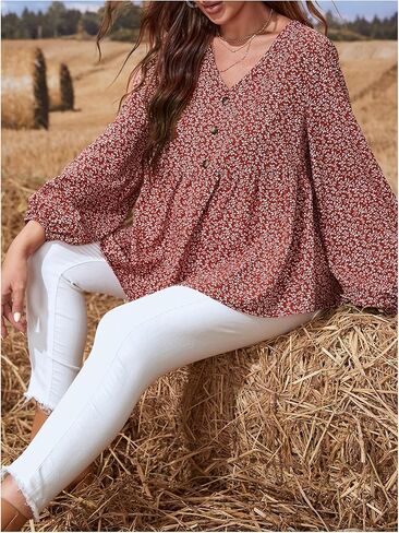 MakeMeChic Women's Maternity Shirts Long Sleeve V Neck Button Floral Blouse Ruffle Hem Tops in Saudi Arabia