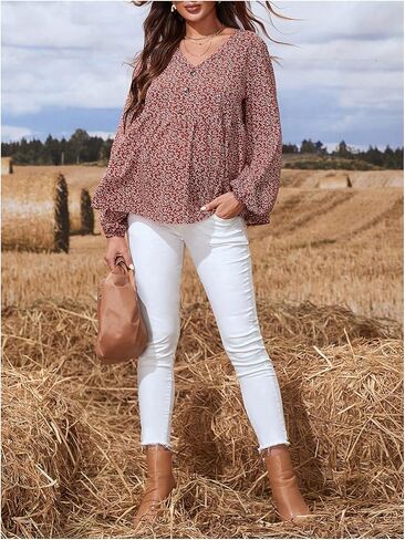 MakeMeChic Women's Maternity Shirts Long Sleeve V Neck Button Floral Blouse Ruffle Hem Tops in Saudi Arabia