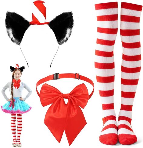 3 Pcs Cat Costume Accessory Set Include Cat Ears Headband with Red Stovepipe Hat Red Striped Knee Length Socks Bowtie for World Book Day 100th Days of School in Saudi Arabia