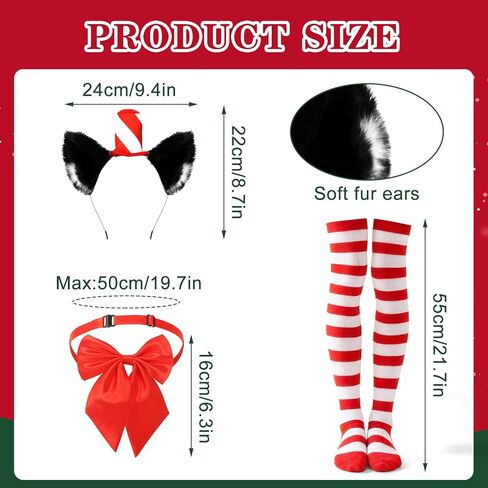 3 Pcs Cat Costume Accessory Set Include Cat Ears Headband with Red Stovepipe Hat Red Striped Knee Length Socks Bowtie for World Book Day 100th Days of School in Saudi Arabia