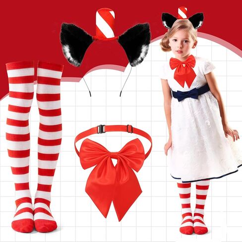 3 Pcs Cat Costume Accessory Set Include Cat Ears Headband with Red Stovepipe Hat Red Striped Knee Length Socks Bowtie for World Book Day 100th Days of School in Saudi Arabia