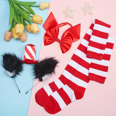 3 Pcs Cat Costume Accessory Set Include Cat Ears Headband with Red Stovepipe Hat Red Striped Knee Length Socks Bowtie for World Book Day 100th Days of School in Saudi Arabia