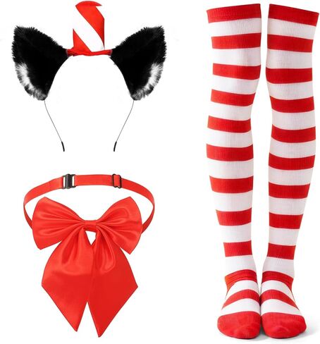3 Pcs Cat Costume Accessory Set Include Cat Ears Headband with Red Stovepipe Hat Red Striped Knee Length Socks Bowtie for World Book Day 100th Days of School in Saudi Arabia