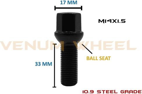 Venum wheel accessories 20Pc Black Powder Coated M14x1.5 Ball Seat Lug Bolts 33 mm Extended Shank Length Radius Works with Volkswagen Audi Mercedes Benz Porsche Vehicle W/Factory Wheels in Saudi Arabia