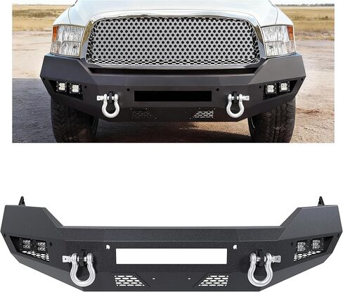 المصد الأمامي متوافق مع 2013-2023 دودج رام 1500 كلاسيك 2WD 4WD W/4 × مصابيح LED + 2 × حلقات على شكل حرف D مطلية بمسحوق أسود (عبوتان) in Kuwait