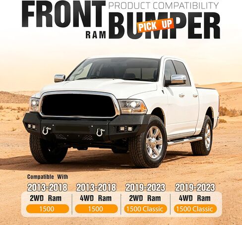 المصد الأمامي متوافق مع 2013-2023 دودج رام 1500 كلاسيك 2WD 4WD W/4 × مصابيح LED + 2 × حلقات على شكل حرف D مطلية بمسحوق أسود (عبوتان) in Kuwait