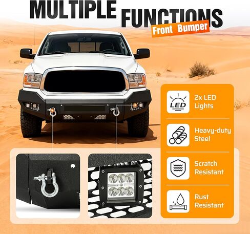 المصد الأمامي متوافق مع 2013-2023 دودج رام 1500 كلاسيك 2WD 4WD W/4 × مصابيح LED + 2 × حلقات على شكل حرف D مطلية بمسحوق أسود (عبوتان) in Kuwait