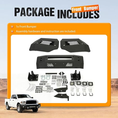 المصد الأمامي متوافق مع 2013-2023 دودج رام 1500 كلاسيك 2WD 4WD W/4 × مصابيح LED + 2 × حلقات على شكل حرف D مطلية بمسحوق أسود (عبوتان) in Kuwait
