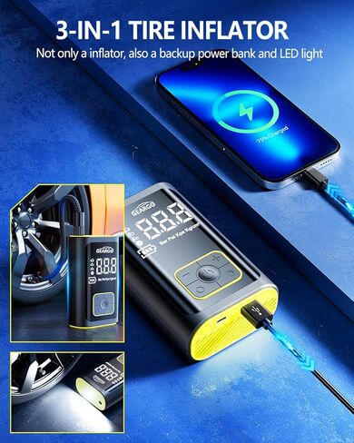 منفاخ الإطارات المحمول GEARGO بقوة 150 رطل لكل بوصة مربعة، مضخة هواء محمولة بقدرة 4200 مللي أمبير في الساعة لإطارات السيارات، مضخة تضخم أسرع 3 مرات لإطارات الدراجة مع مقياس ضغط الإطارات، إيقاف تلقائي، شاحن سريع | دراجة نارية والكرة in Kuwait