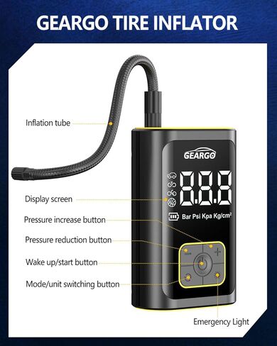 منفاخ الإطارات المحمول GEARGO بقوة 150 رطل لكل بوصة مربعة، مضخة هواء محمولة بقدرة 4200 مللي أمبير في الساعة لإطارات السيارات، مضخة تضخم أسرع 3 مرات لإطارات الدراجة مع مقياس ضغط الإطارات، إيقاف تلقائي، شاحن سريع | دراجة نارية والكرة in Kuwait