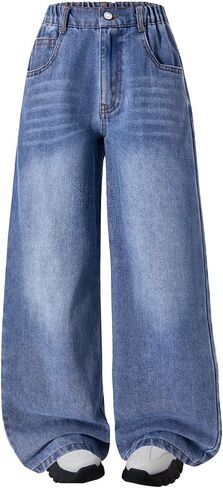 Nivne Tco Tween Girls Jeans Casual Kids Wide Leg Trousers Zipper Fly Loose Fit Baggy Denim Pants with Pockets in Saudi Arabia