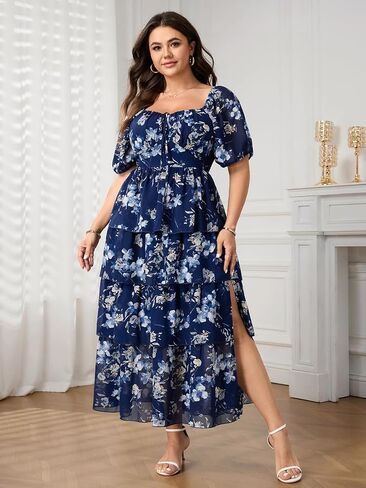 SCOMCHIC Womens Plus Size Maxi Dress Wedding Guest Cocktail Evening Party Elegant Short Sleeve Tiered Split Long Dresses in Saudi Arabia