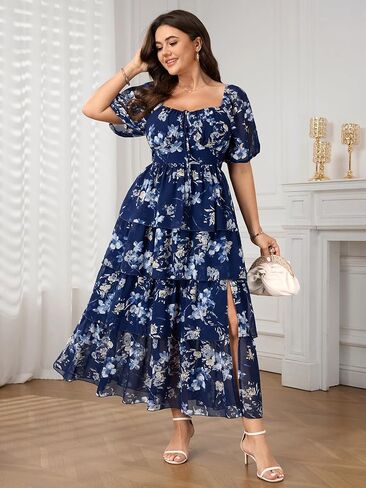 SCOMCHIC Womens Plus Size Maxi Dress Wedding Guest Cocktail Evening Party Elegant Short Sleeve Tiered Split Long Dresses in Saudi Arabia